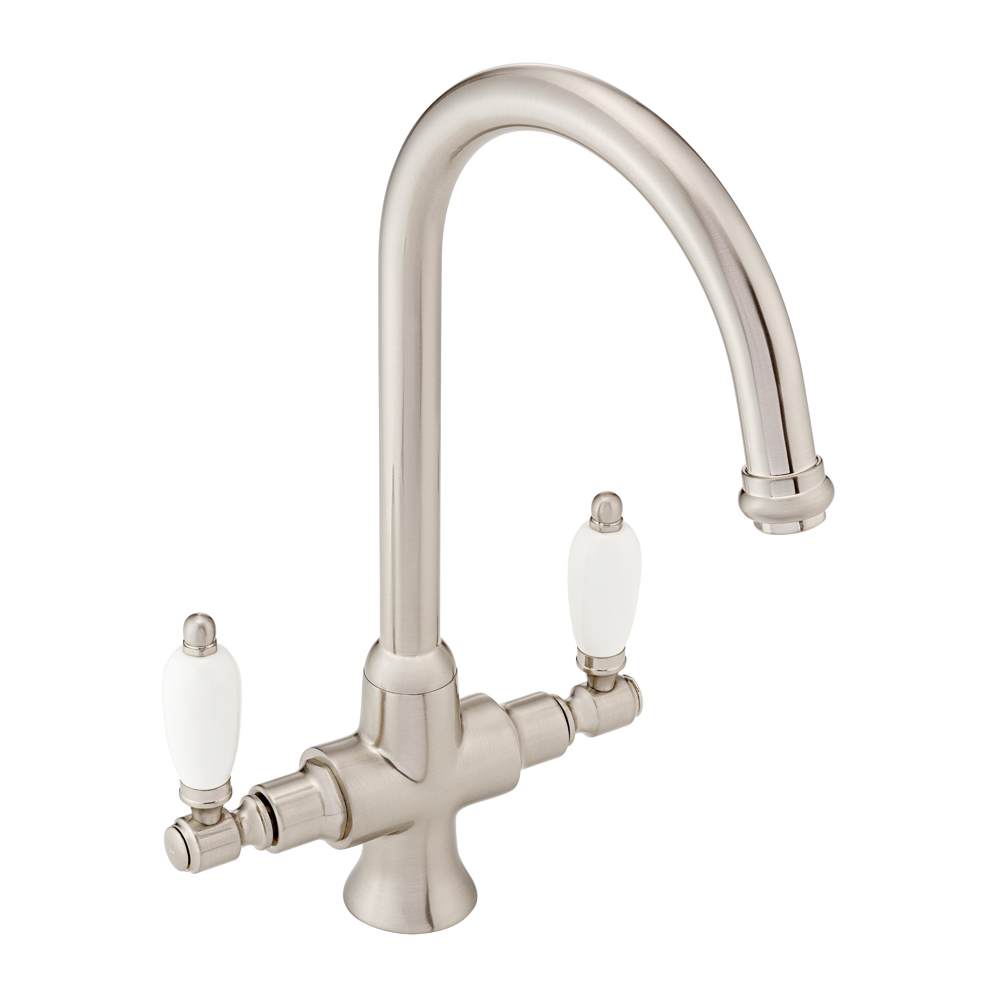 ENKI, Dorchester, KT060, Brushed Nickel Dual Flow Kitchen Sink Mixer Tap For Basin, With Twin White Levers Swivel Spout Perfect For Double Bowl Sinks, Easy and Safe to use Drip Free Ceramic Valve image